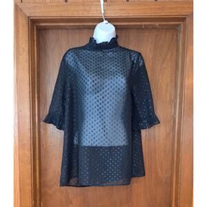 Monki black, sheer, glitter polka dot, ruffle collar blouse,‎ partial zip  sz S